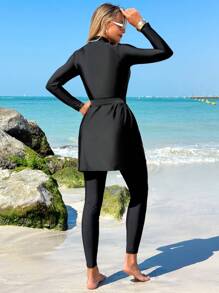 Swim Mulvari Women 3 Piece Set, Round Neck Long Sleeve Belted Metal Decor Top, Pants And Beach Skirt, Conservative Swimsuit Set For Summer, Resort Wear - Black - View 2