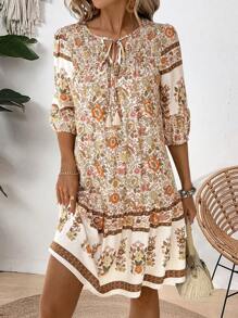 Breezaya Women Fashion Printed Lantern Sleeve Tie Neck Dress Vacation Beach Outfit