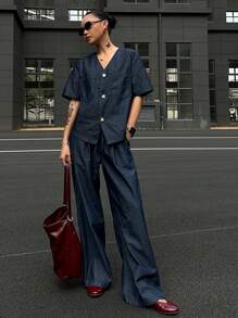 DAZY Women's V-Neck Denim 2 Pieces Suit Set, Spring/Summer