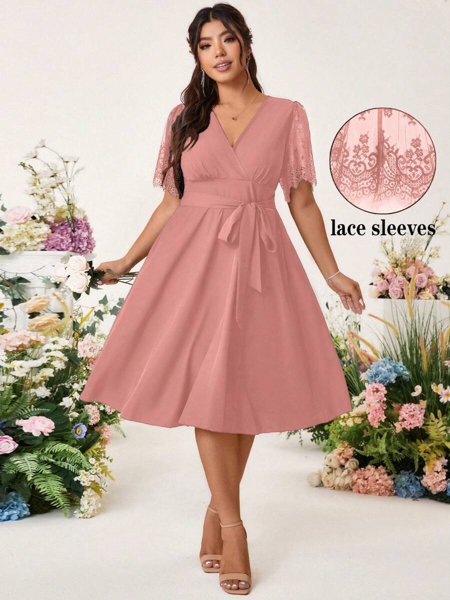 SHEIN Belle 女士优雅连衣裙，混合材质 V 领，睫毛蕾丝，喇叭袖，前腰系带，后腰收褶，A 字廓形 - 粉色 - 查看 1