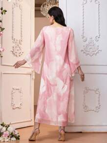 SHEIN Đầm bầu cổ tròn in họa tiết toàn thân thanh lịch tay dài cho bà bầu - Hồng - Xem 2