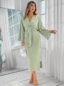 SHEIN Clasi Abito aderente mini donna taglie forti, di colore unito, con cintura in vita, maniche a pipistrello e spacco laterale