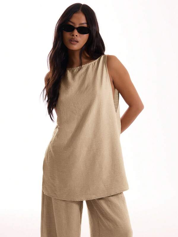 MUSERA Sleeveless Long Line Linen Feel Top For Vacation Summer Airport Holiday