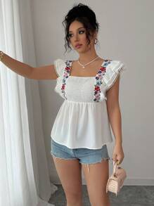 Elenzga 女士花卉印花披肩领双层盖袖衬衫 - 白色 - 查看 4