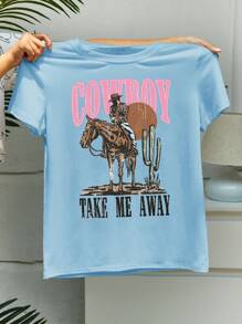 INAWLY Women's Casual Loose Fit Slogan & Figure Printed Round Neck Drop Shoulder Tee - Blue - View 1