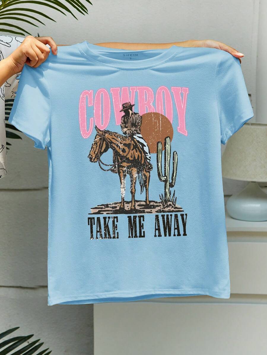 INAWLY Women's Casual Loose Fit Slogan & Figure Printed Round Neck Drop Shoulder Tee - Blue - View 1