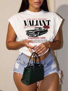 Slaydiva Casual Minimalist VATIANT Slogan Vintage Car Graphic Plus Size T-Shirt,Slightly Sheer Suitable For Summer - White - View 5