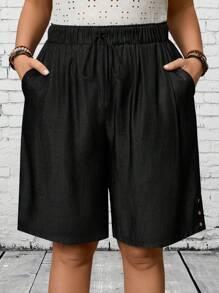 EMERY ROSE Shorts casuales de primavera con cinturilla con cordón y bolsillos para mujeres de tallas grandes, para vacaciones en el campo - Negro - Ver 5