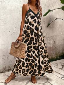 SHEIN Tall Women's Leopard Print A-Line Dress, Suitable For Vacation, Daily Commute - Multicolor - View 4