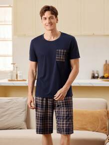 Men's Plaid Pocket Short Sleeve Shirt And Shorts Pajama Set - Navy Blue - View 5