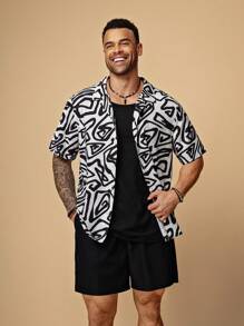 EASEVO Plus Size Men Casual Loose Black & White Woven Short Sleeve Shirt & Shorts Set