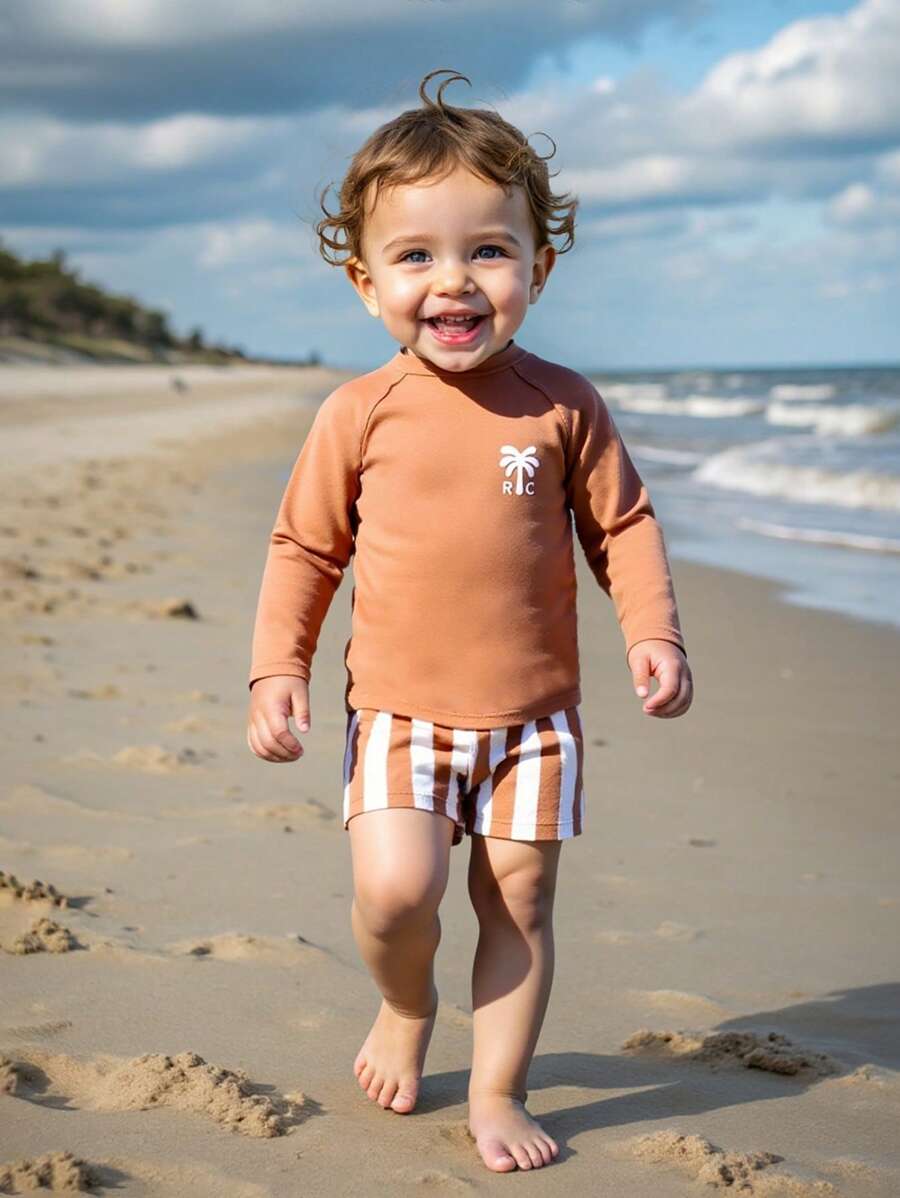 Stylish Baby Boys' Coconut Tree Printed Long Sleeve Rash Guard And Plaid Swim Trunk Set