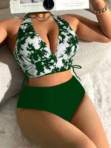 Swim Lushoire Plus Size Tie-Dye Printed Halter Neck Top And Solid Color Triangle Bikini Set For Summer Beach Vacation