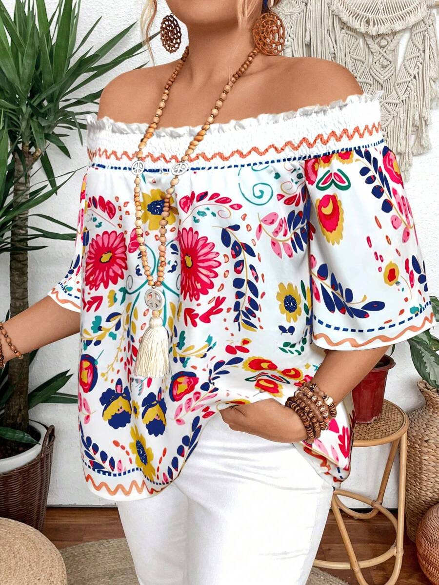 SHEIN Clasi 大码度假休闲露肩弹性定位印花衬衫 - 白色 - 查看 1
