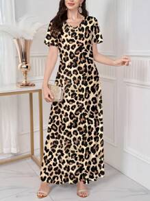 Lacomfia Váy dệt kim tay ngắn cổ chữ V họa tiết da báo dành cho nữ, thường ngày/công sở, họa tiết da báo thanh lịch và thích hợp để mặc hàng ngày, hẹn hò, giải trí, tiệc tùng, ngày lễ, ngày lễ tình nhân - Màu Khaki - Xem 5