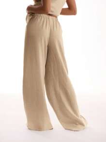 MUSERA 亚麻质感弹力腰带长裤，适合度假夏季海滩，可爱优雅，伊比沙岛海滩春季假日必备 - 棕色 - 查看 2