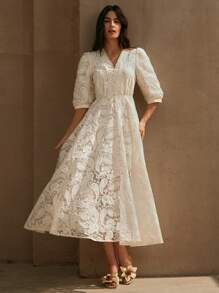 Anewsta 春夏优雅度假约会夜海滩女士约会派对 V 领透视腰部收紧蕾丝花卉刺绣优雅短袖长裙 - 杏色 - 查看 7