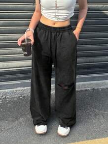 Teen Girls' Black Casual Ripped & Acid-Washed Drawstring Waist Wide Leg Sweatpants - Black - View 6