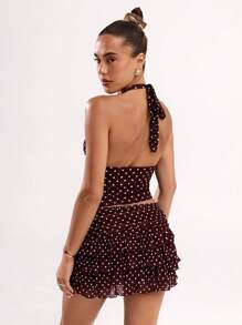 SHEIN BAE 女士性感休闲露背圆点印花短款露背背心，适合夏季度假 - 咖啡棕 - 查看 2