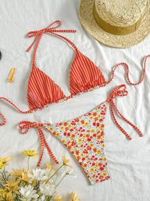 SHEIN Swim 2pcs Ditsy Floral Halter Triangle Spaghetti Strap Bikini Set With Tie Side Bottom, Beach Swimwear For Women - Multicolor - View 2
