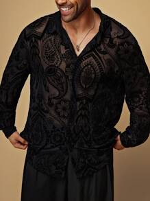 EASEVO Chemise longue ample en tissu noir avec flocage en grandes tailles pour hommes, style décontracté - Noir - Voir 3