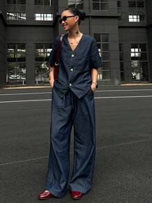 DAZY Women's V-Neck Denim 2 Pieces Suit Set, Spring/Summer