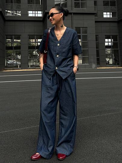 DAZY 女式 V 领牛仔两件套西装套装，春夏