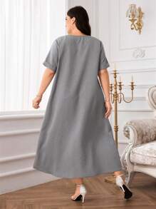 Al Najma Plus Size Women Casual Solid Color Arabic Style Dress - Grey - View 3