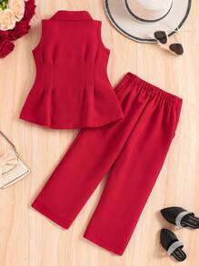 年轻女孩优雅绅士翻领无袖背心和裤子两件套，春夏 - 紅色 - 查看 2