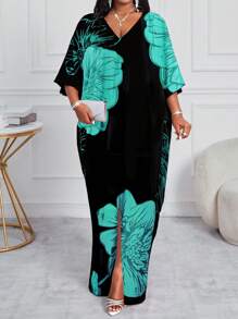 SHEIN Lady 春夏休闲优雅波西米亚风黑色编织 V 领直筒束腰连衣裙卡夫坦连衣裙长款大码连衣裙复活节连衣裙女装春季服装 - 藍色 - 查看 1