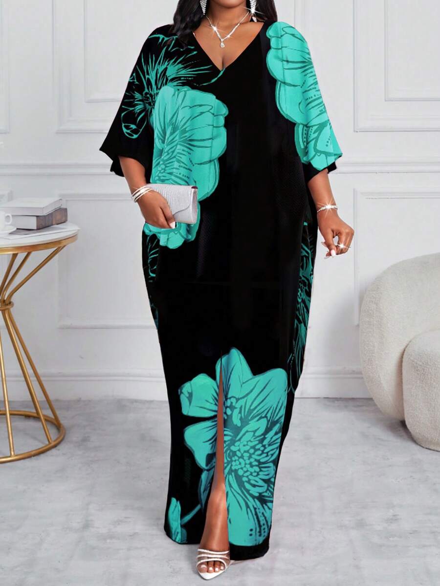 SHEIN Lady 春夏休闲优雅波西米亚风黑色编织 V 领直筒束腰连衣裙卡夫坦连衣裙长款大码连衣裙复活节连衣裙女装春季服装 - 藍色 - 查看 1