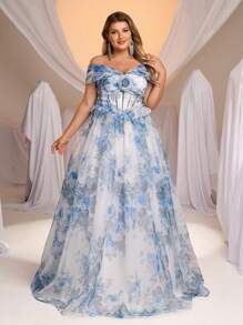 Glamrae Váy công chúa lãng mạn cỡ lớn, hở vai, hoa 3D thủ công, họa tiết hoa xanh nhạt, chân váy peplum, váy dạ hội trang trọng, thiết kế trang trí - Màu xanh lam - Xem 1