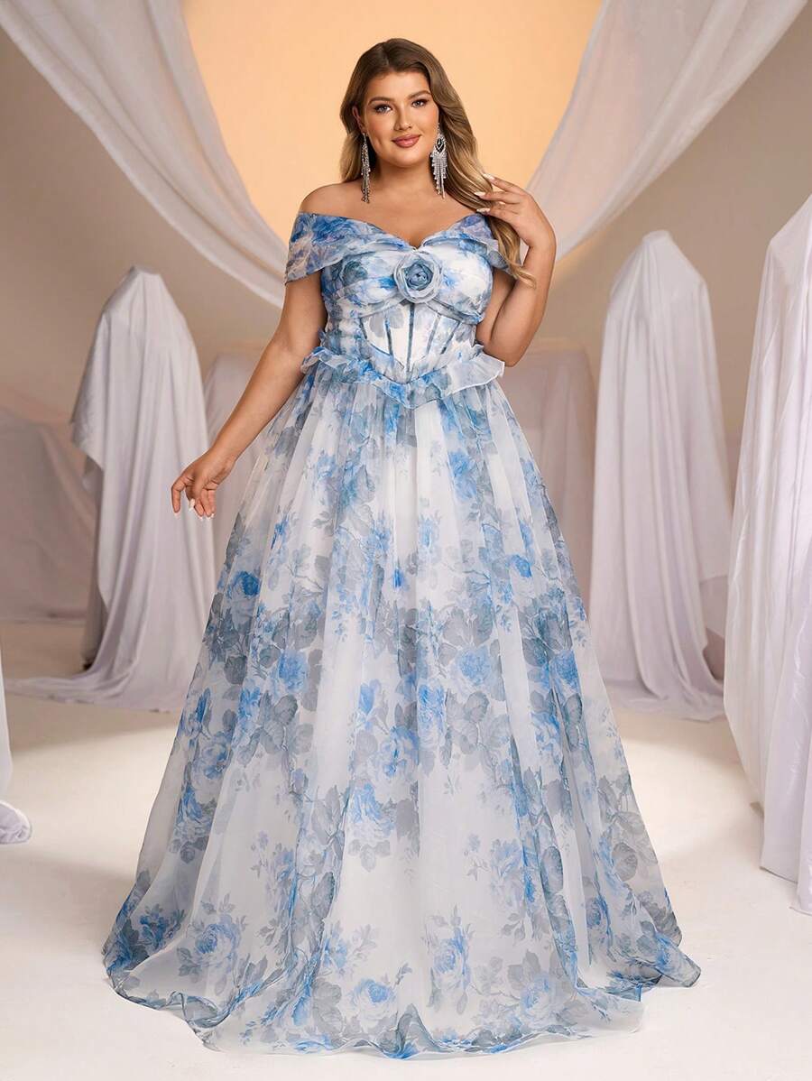 Glamrae Váy công chúa lãng mạn cỡ lớn, hở vai, hoa 3D thủ công, họa tiết hoa xanh nhạt, chân váy peplum, váy dạ hội trang trọng, thiết kế trang trí - Màu xanh lam - Xem 1