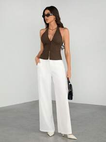 SHEIN Tall 女士 V 领纯色休闲西装外套梭织西装背心，性感办公室警笛复古教师秋季女士秋季西装办公室套装 - 棕色 - 查看 5