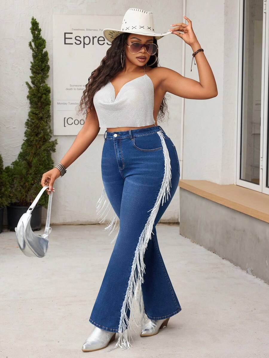 SHEIN SXY 大码女式口袋装饰喇叭流苏下摆休闲牛仔裤夏季女式乡村音乐会喇叭牛仔裤节日女式夏季 - 中等水洗藍 - 查看 1