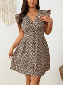 SHEIN Frenchy Abito casual con arricciatura in vita, stampa floreale e maniche a capp per vacanze, taglie comode