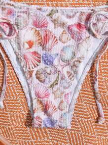 SHEIN Swim Women's Summer Beach Vacation Seashell Print Drawstring Bandeau Swimwear Bikini Set
