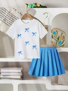 SHEIN 2件套青少年女孩休闲可爱蝴蝶结T恤和百褶裙校园风服装 - 淺藍色 - 查看 2