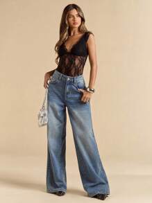 SHEIN BAE Women's Solid Black Lace Sheer Deep V-Neck Camisole, Spring/Summer,Halloween Clothes Women ,Halloween Costume,Halloween Clothes Women ,Halloween Costume - Black - View 7