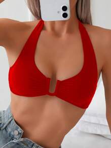 SHEIN Swim Springbreak Women's Halter Neck U-Neck Rouched Front Minimalist Stylish Versatile Swimsuit Top - Red - View 1