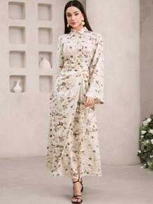 Veilorie 女士花卉印花扭纹细节优雅长袖连衣裙 - 杏色 - 查看 3