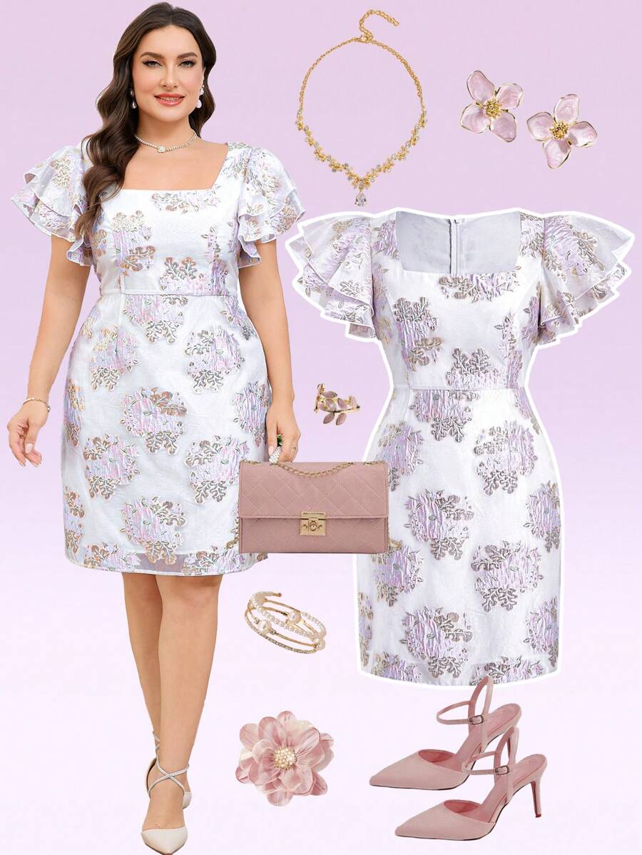 Ellevyn Enges Mini-Kleid in Rosa mit Jacquard-Webmuster für große Größen, quadratischer Ausschnitt, Puffärmel, elegant für romantische Outfits im Alltag, Frühlings-/Sommerkleid für Frauen, Rosa Kleid in großen Größen, Mini-Kleid, Rosa Kleid für Frauen, Kleider, Spitzenkleid, bescheidenes Kleid für Frauen, Rüschenkleid, Partykleid, elegantes Kleid, Tee-Kleid, Sommerkleid in großen Größen, Kurvenkleid, Kleider für Hochzeit, Veranstaltung, Ausgehkleid