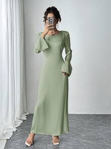 Siren Gaze 纯色缎面收腰长裙时尚简约圆领缎面喇叭袖系带修身晚礼服性感连衣裙女士长裙杏色优雅节日连衣裙感恩节连衣裙节日派对女装跨年晚礼服 - 薄荷綠 - 查看 4