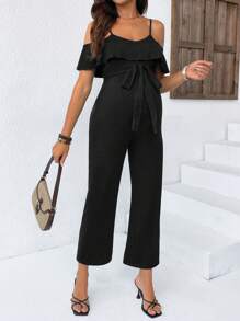 SHEIN Black Maternity Capri Jumpsuit With Cold Shoulder Ruffle Detail And Tie Waist For Casual Style - Black - View 5