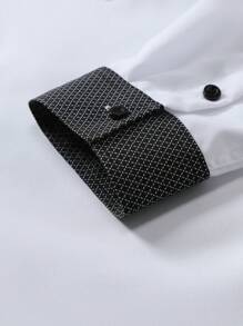 Manfinity Mode 男士时尚休闲商务通勤短袖纽扣领长袖衬衫，男士正装衬衫，通勤，双纽扣装饰和配色设计。适合日常穿着、外出、通勤、蜜月旅行、参加婚礼、派对。可赠送家人、丈夫、男朋友或作为礼物。黑白正装男士衬衫，商务休闲男士衬衫，优雅男士衬衫，秋季 - 黑與白 - 查看 5