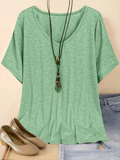 Plus Size Women V-Neck Short Sleeve Casual Loose T-Shirt