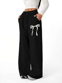 SHEIN Tween Girls Bow Graphic Loose Straight Leg Sweatpants, Suitable For Casual And Commuting Wear - Black - View 4