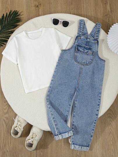 Vintaside Kids Young Boys Medium Blue Denim Bib Overalls With Solid White Short Sleeve T-Shirt, Simple Casual Daily Wear 2 Pieces Set