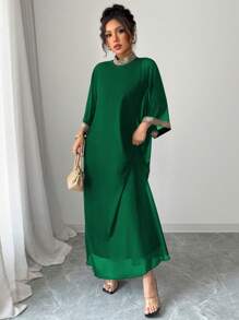 Elenzga Women's Elegant Woven Ribbon Decor Batwing Sleeve Dress - Green - View 4
