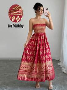 Breezaya 女式红色复古华丽定位复古印花无袖金箔复古图案波西米亚浪漫优雅西方装度假旅行海滩2025春夏抹胸长裙 - 紅色 - 查看 5